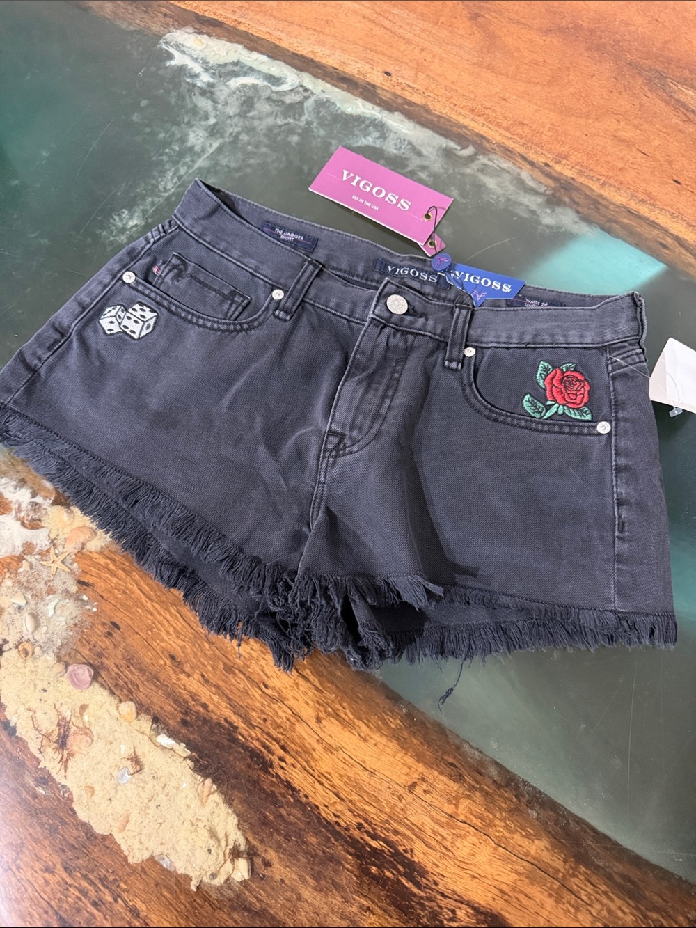 Vigoss The Jagger Black Denim Frayed Shorts with Rose & Dice Patches